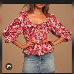 FREE PEOPLE Sweet Memories Pink Multi Floral Print Ruffled Blouse Sz M Boho